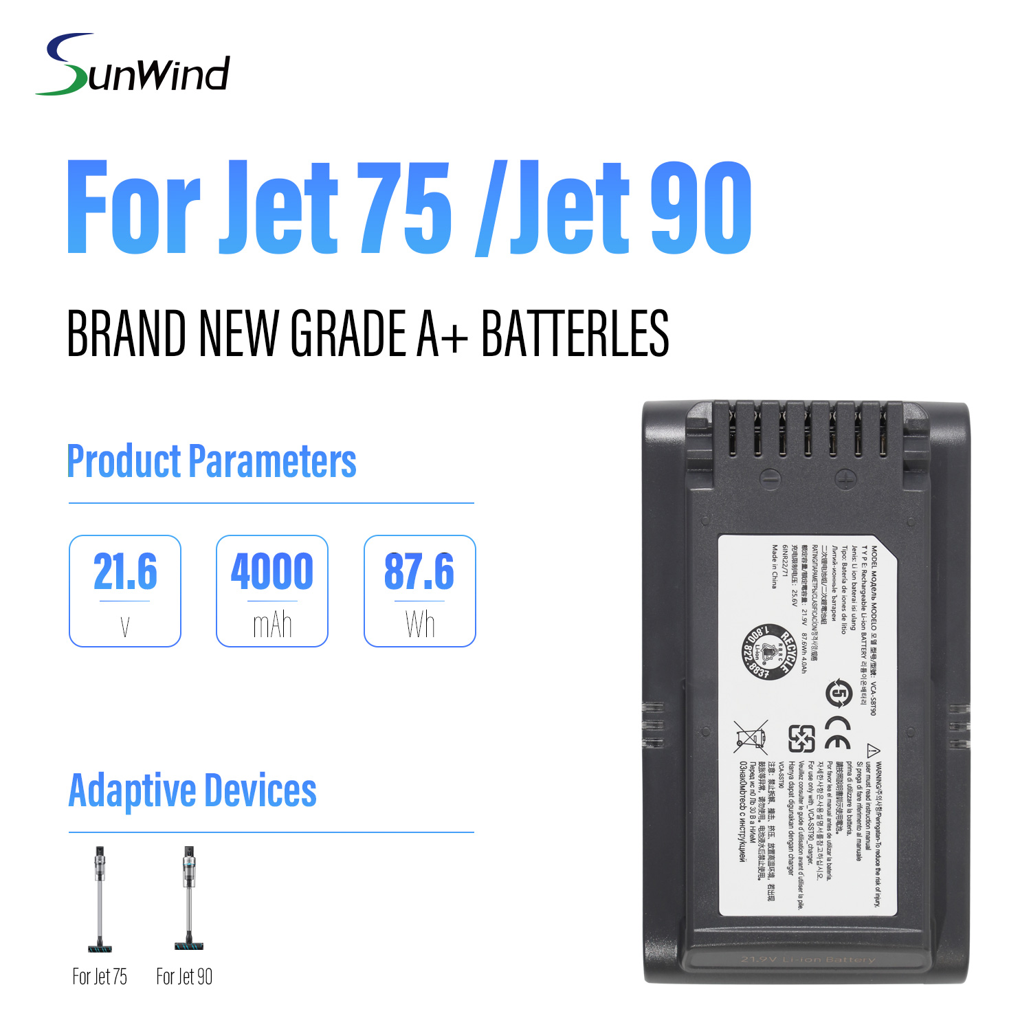 21.6V 4000mAh Replacement Battery for Samsung Jet 90 / Jet 90 Pet Eco-friendly Lithium Battery Vacuum Cleaner Battery