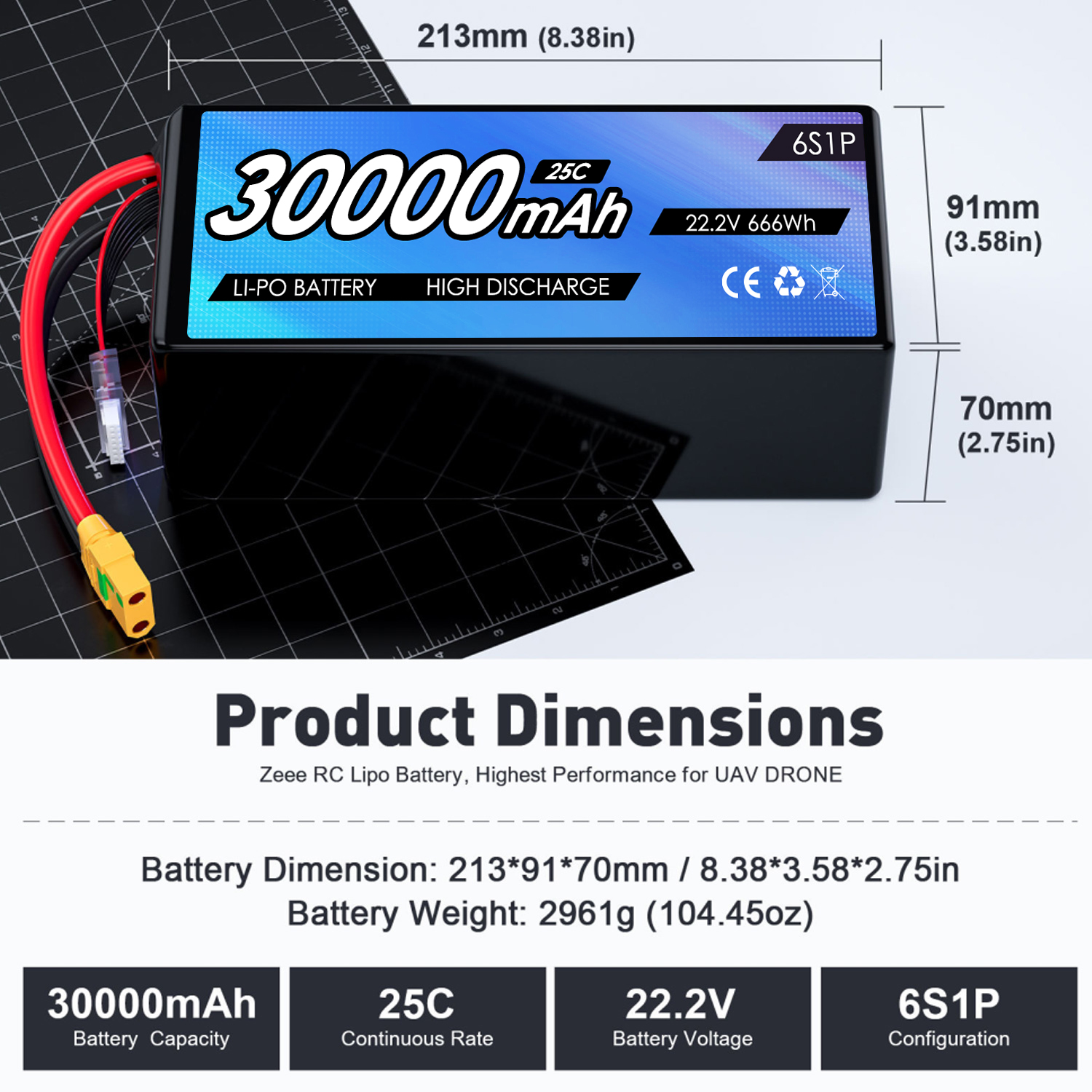 22.2V 30000mAh Lipo Drone 6S 25C Drone UAV Batteries for FPV Drone UAV Airplane Aircraft RC Quadcopter Airplane Helicopter