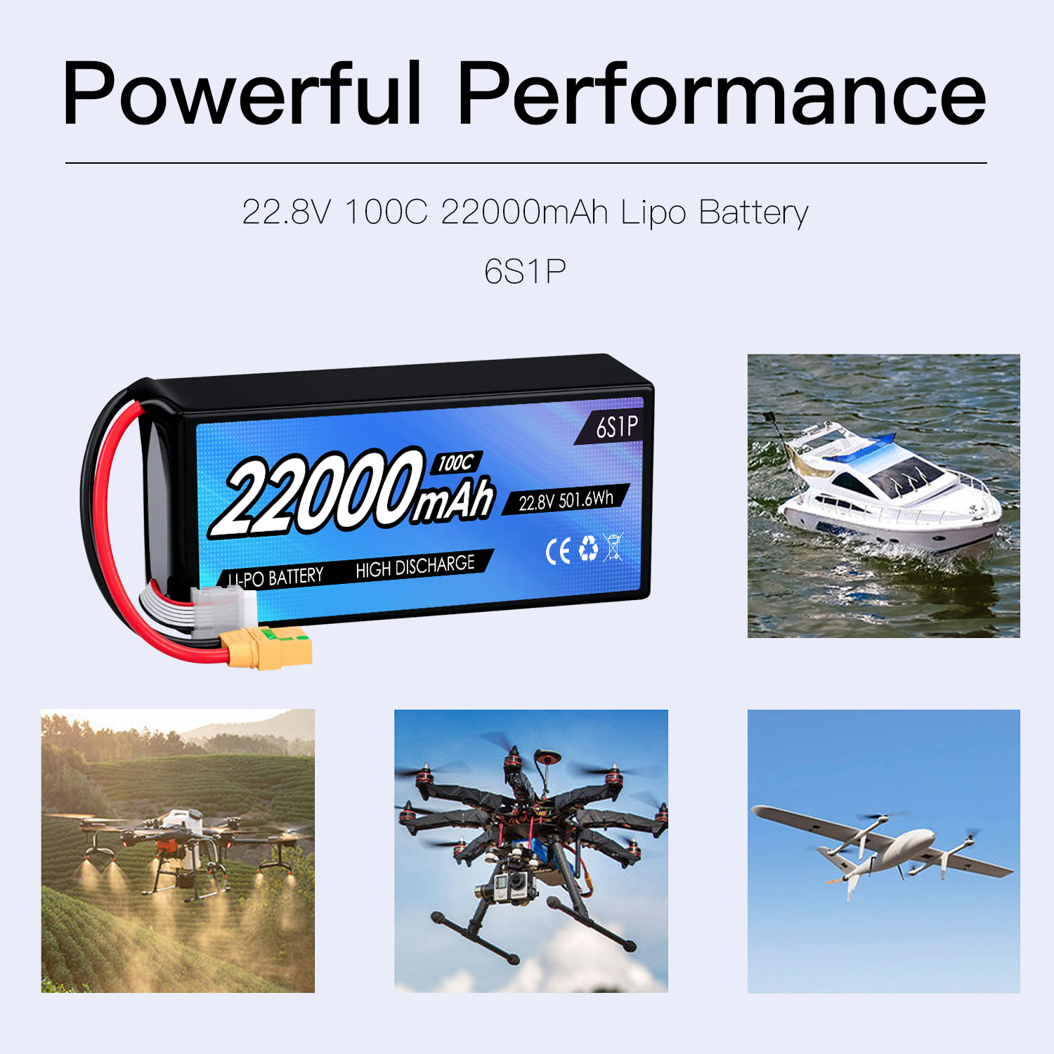 High Capacity 22.8V 22000mAh RC FPV Drone Battery HV 100C 6S Llipo Drone Lithium Battery for FPV UAV Aircraft Extreme Condition