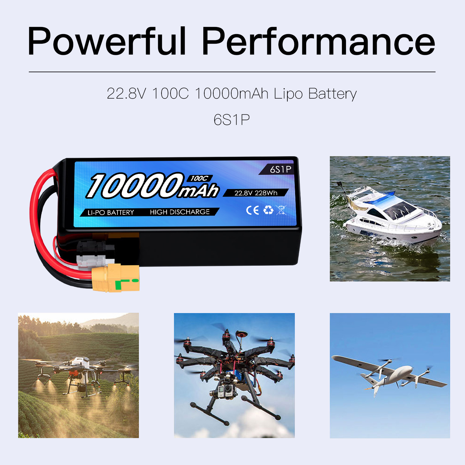 High Performance 22.8V 10000mAh FPV HV Drone Li-polymer Battery Pack 6S 100C for Professional Drones Aircraft UAV