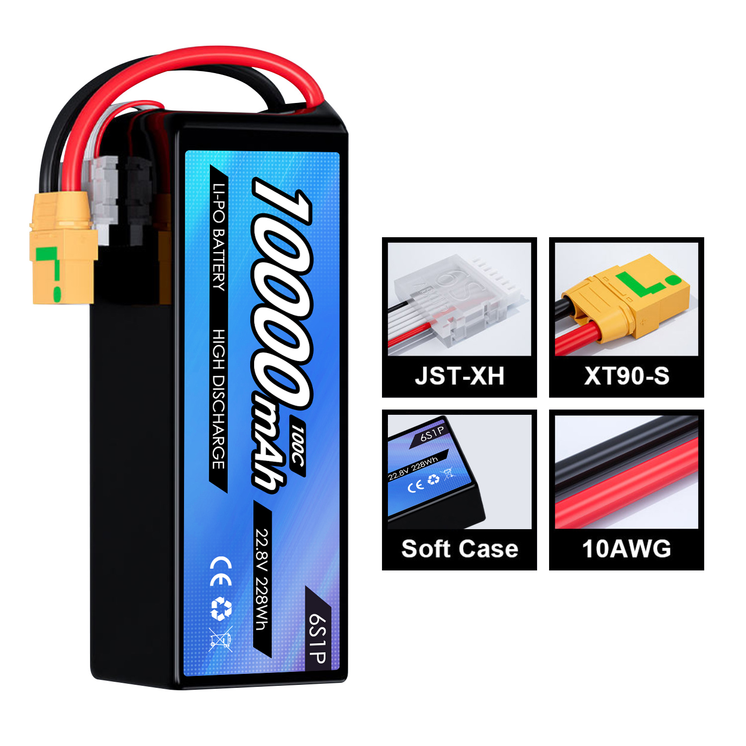 High Performance 22.8V 10000mAh FPV HV Drone Li-polymer Battery Pack 6S 100C for Professional Drones Aircraft UAV
