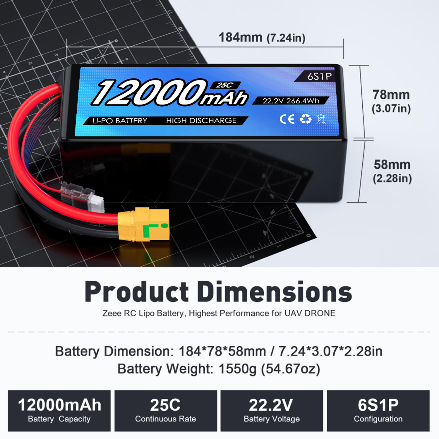 22.2V 12000mah Drone UAV Battery 6S 25C LCO Lithium Polymer Rc Truck Toys Car Toys Battery for Light Weight FPV Multi-axis Drone