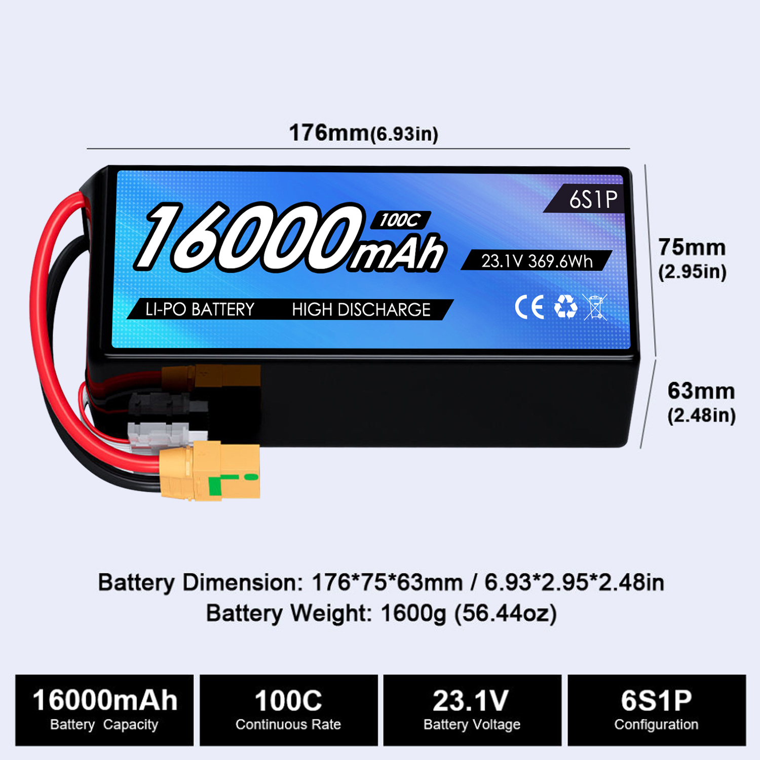 23.1V 16000mAh Rechargeable Li-ion Polymer Battery 6s 100c Xt90-S Industrial Uavs for Fpv Drone Battery