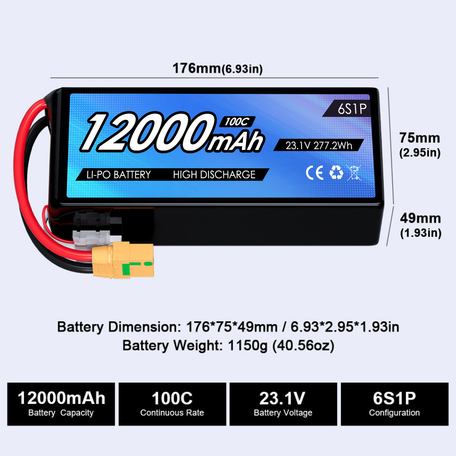 23.1V 12000mAh 7inch X8 Lipo Drone 6s1p Lipo Battery 100c Soft Case Lihv Fpv Batteries for Light Weight Fpv Multi-Axis Drone